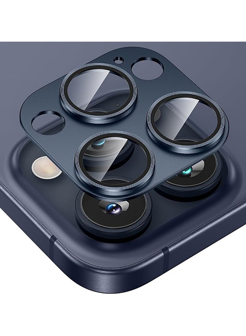 Tempered Glass Cover Camera Lens Protecto for iPhone 15 Pro / iPhone 15 Pro Max with Metal Ring Protector-Blue  - Image 1