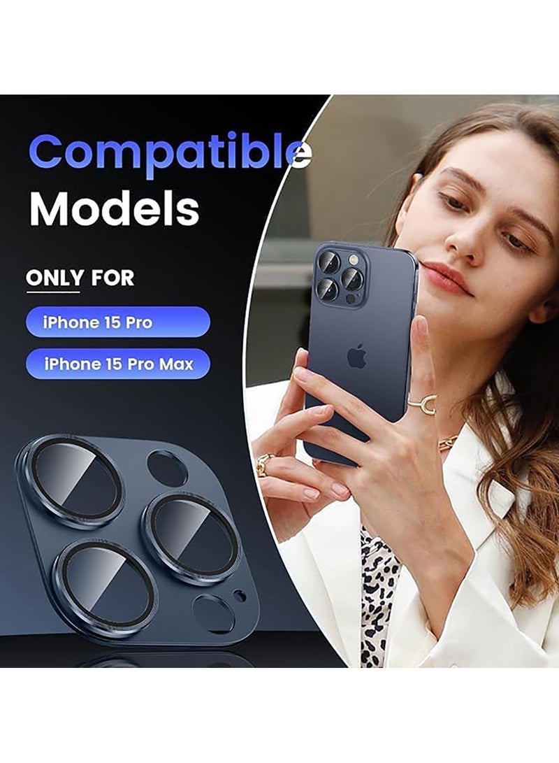 Tempered Glass Cover Camera Lens Protecto for iPhone 15 Pro / iPhone 15 Pro Max with Metal Ring Protector-Blue  - Image 2