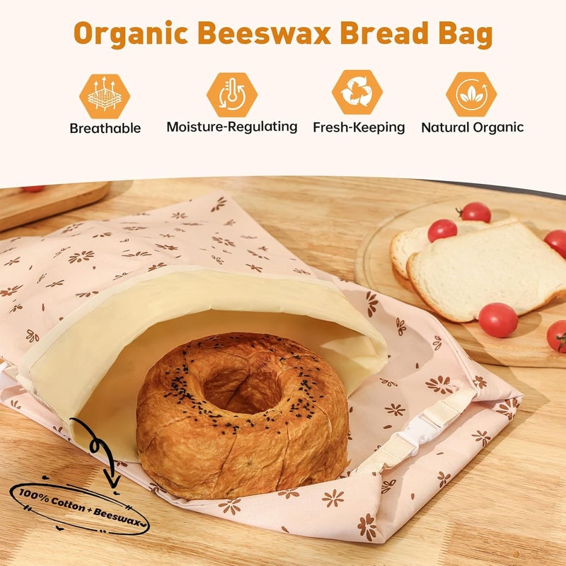Tirphy 3 Pack Reusable Bread Bags and Bowl Cover Set, Beeswax Bread Bags for Sourdough, Homemade Bread Storage to Keep Loaf Fresh - Image 2