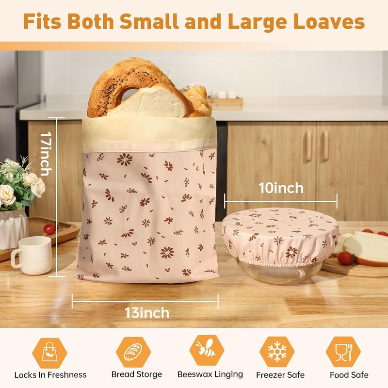 Tirphy 3 Pack Reusable Bread Bags and Bowl Cover Set, Beeswax Bread Bags for Sourdough, Homemade Bread Storage to Keep Loaf Fresh - Image 3