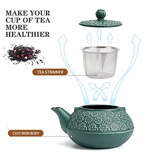 Sotya Cast Iron Teapot, 40oz/1200ml Japanese Tetsubin Tea Pot with Infuser for Loose Leaf and Tea Bags, Tea Kettle Coated with Enameled Interior for Stove Top, Dark Green - Image 2