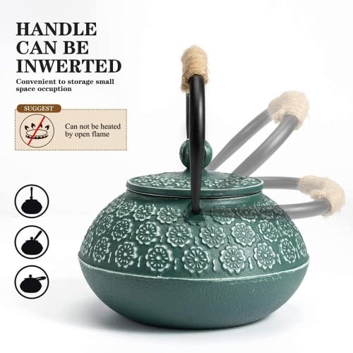 Sotya Cast Iron Teapot, 40oz/1200ml Japanese Tetsubin Tea Pot with Infuser for Loose Leaf and Tea Bags, Tea Kettle Coated with Enameled Interior for Stove Top, Dark Green - Image 3