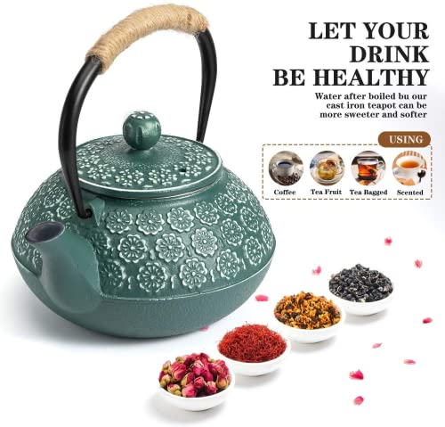 Sotya Cast Iron Teapot, 40oz/1200ml Japanese Tetsubin Tea Pot with Infuser for Loose Leaf and Tea Bags, Tea Kettle Coated with Enameled Interior for Stove Top, Dark Green - Image 4