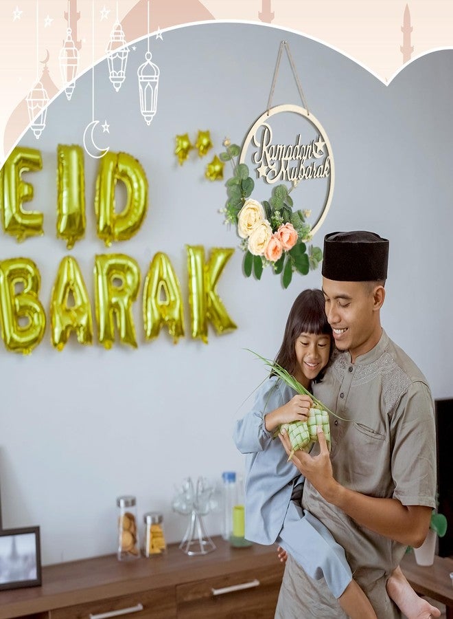 أكاليل عيد رمضان مبارك من سيلووي للباب الأمامي، زهور الشمبانيا الاصطناعية المعلقة، لافتة خشبية لرمضان، زينة جدارية خشبية لعيد الفطر، لوازم حفلات داخلية وخارجية للمسلمين - Image 3