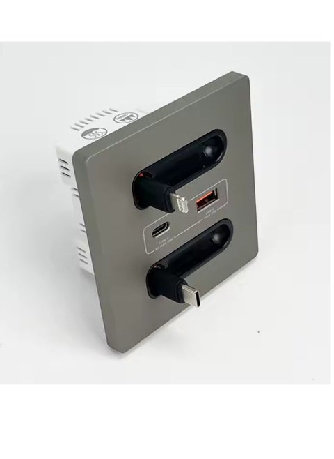 Universal Smart Wall Socket with Built-in Type-C & Lightning Cables – 20W Fast Charging USB-C & USB-A Ports – 220V Power Outlet Panel for iPhone, Samsung, Huawei – Space-Saving Wall-Mounted Charging Hub for Home & Office