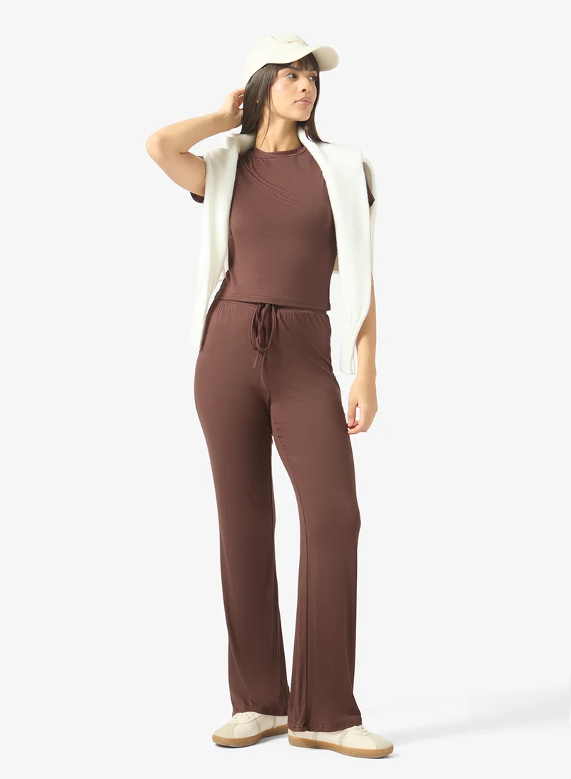 Ginger Basics  Cotton Blend Crew Neck T-shirt & Straight Fit Pant Loungewear Set for Women | Best Price UAE