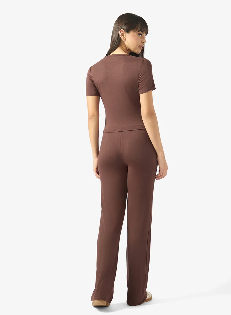 Ginger Basics  Cotton Blend Crew Neck T-shirt & Straight Fit Pant Loungewear Set for Women | Best Price UAE