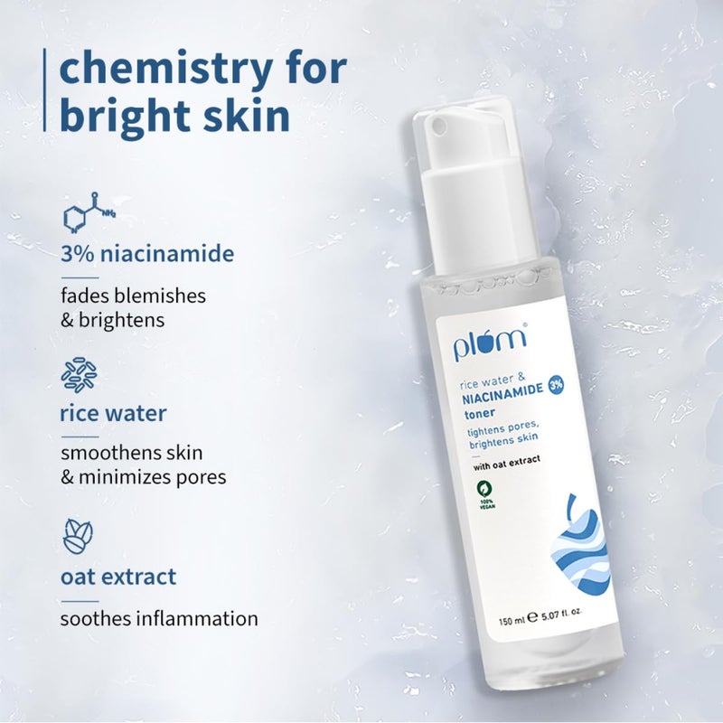 Plum 3 Niacinamide  Rice Water Face Toner  AlcoholFree Toner for Oily Acne Prone Dry Combination Skin  Pore Tightening  Glowing Skin Fades Blemishes Brightens  Smoothens  Women  Men  150ml - Image 3