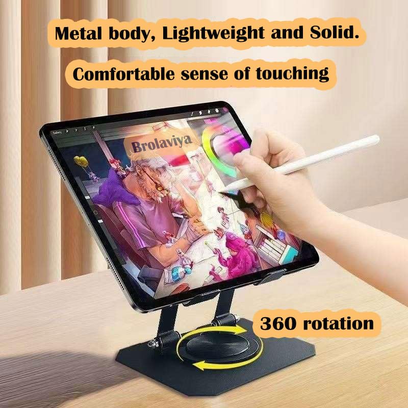 BROLAVIYA Metal Body Premium Tablet and Mobile Stand, Adjustable Height with 360 Rotatable, Compatible with iPad Pro 12.9,10.9,10.2, Air Mini 4 3 2, Nexus, Kindle, Xiaomi, E-Reader, 4-13 inch, Black - Image 2