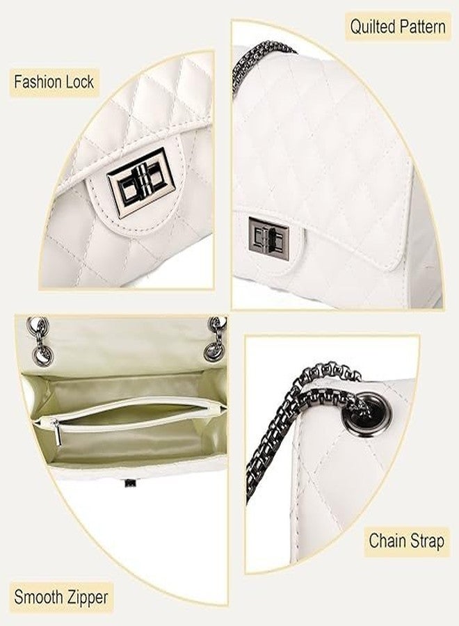 KRIFTY Quilted Crossbody Handbag with Chain Strap, Premium Leather, Diamond Pattern, Gunmetal Hardware (White) - Image 3