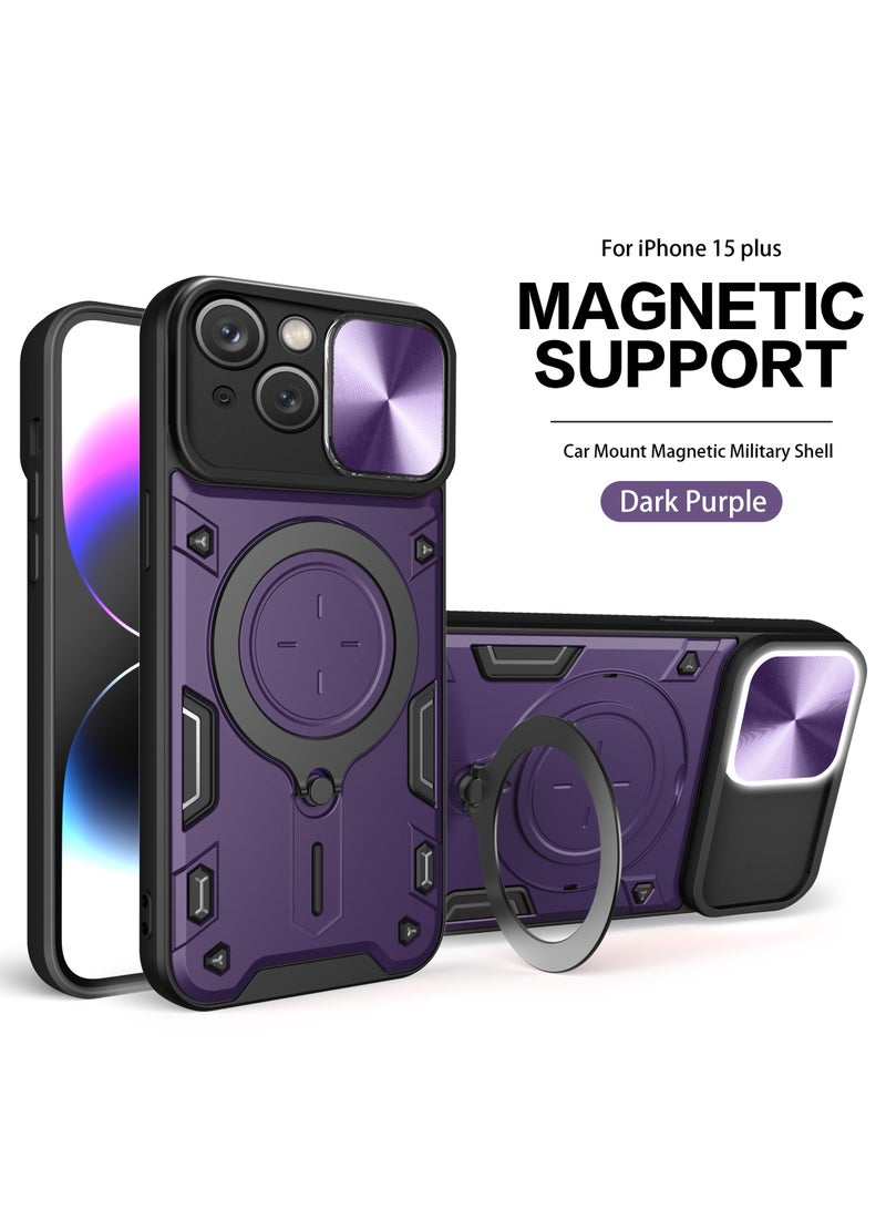 Case Cover For Apple iPhone 15 Plus Purple Mobile Phone , Slide Camera Lens Cover, 360°Rotating Kickstand Ring, Bumper Shockproof Phone Case，Compatible with Car Magnetic Mount