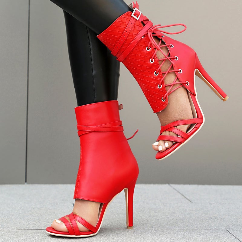 Heel Women'S Shoes 40-48 High Heels Fish Mouth Woven Low Tube Sandals - Image 4