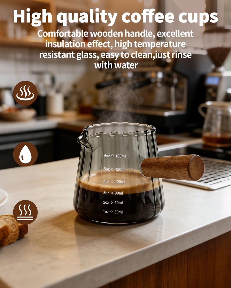 Aecsze Espresso Measuring Cup 6 Oz, Espresso Glass Cups with Wood Handle, Milk Frothing Cup, Espresso Cup for Coffee, Milk, Tea or Maple Syrup Serving - Image 3
