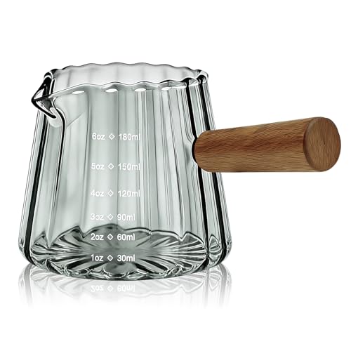 Aecsze Espresso Measuring Cup 6 Oz, Espresso Glass Cups with Wood Handle, Milk Frothing Cup, Espresso Cup for Coffee, Milk, Tea or Maple Syrup Serving - Image 1