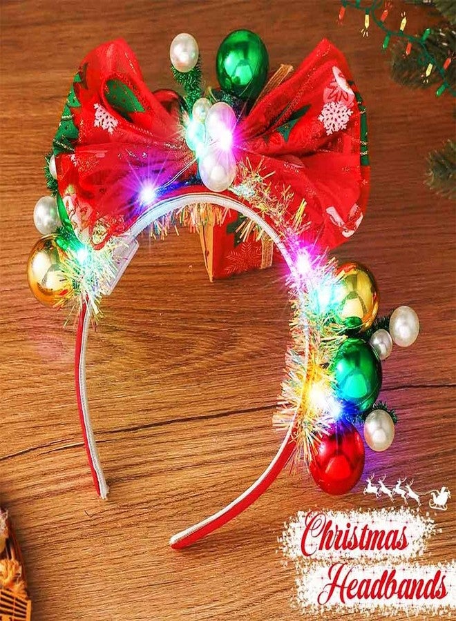 Latious Light Up Christmas Balls Headband LED Xmas Bow HairBand Glow Santa Bowknot Hair Hoop Holiday Costume Hair Accessories for Women and Girls - Image 2