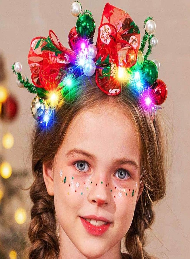 Latious Light Up Christmas Balls Headband LED Xmas Bow HairBand Glow Santa Bowknot Hair Hoop Holiday Costume Hair Accessories for Women and Girls - Image 1