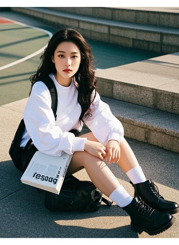 ماك جاباجز Neutral style oversized 100% cotton white long sleeved T-shirt - made of ultra soft and breathable fabric, loose and loose fit, minimalist and versatile style, suitable for daily leisure, campus wear and street fashion - Image 3