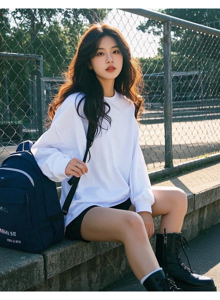 ماك جاباجز Neutral style oversized 100% cotton white long sleeved T-shirt - made of ultra soft and breathable fabric, loose and loose fit, minimalist and versatile style, suitable for daily leisure, campus wear and street fashion - Image 1