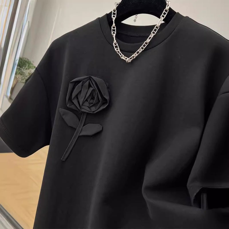 Outlets ~ genuine special heavy industry three-dimensional flower cotton heavy round neck short sleeve T-shirt women's summer new coat - Image 4