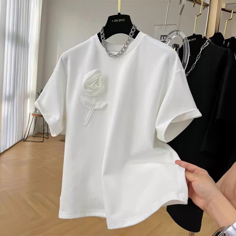 Outlets ~ genuine special heavy industry three-dimensional flower cotton heavy round neck short sleeve T-shirt women's summer new coat - Image 5