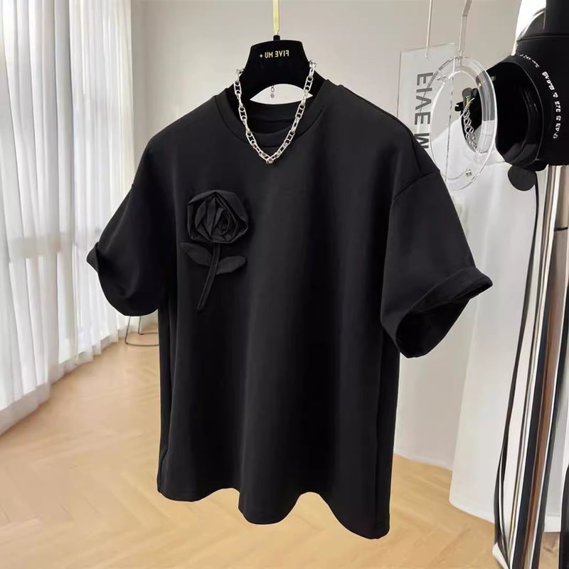 Outlets ~ genuine special heavy industry three-dimensional flower cotton heavy round neck short sleeve T-shirt women's summer new coat - Image 3