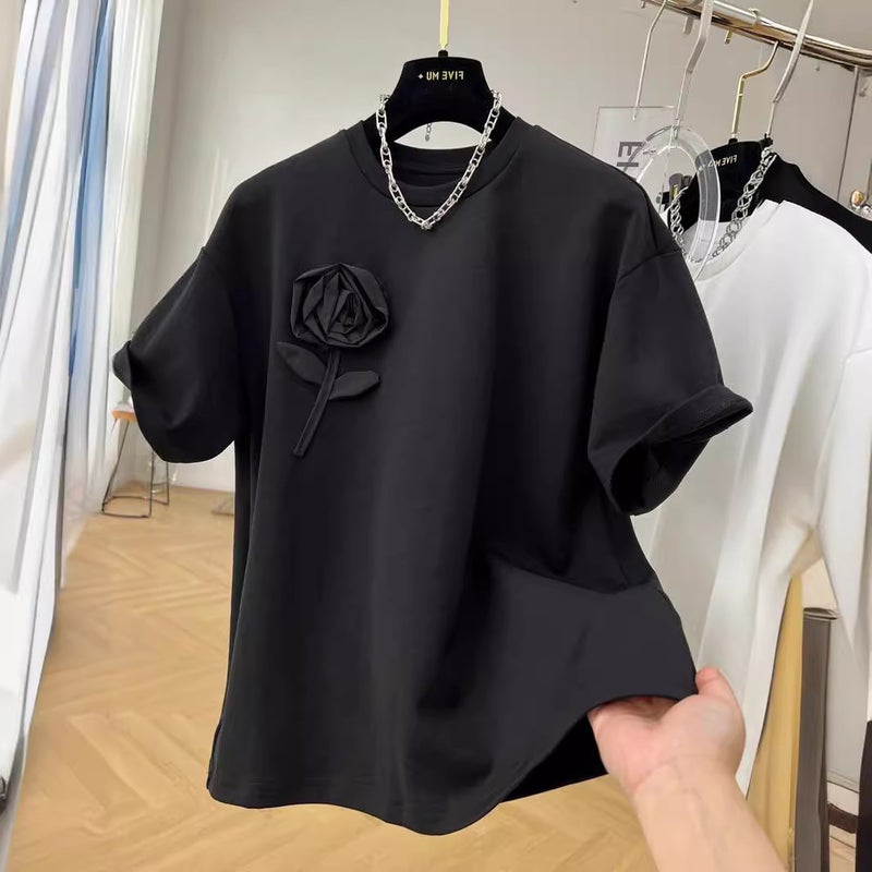 Outlets ~ genuine special heavy industry three-dimensional flower cotton heavy round neck short sleeve T-shirt women's summer new coat - Image 2