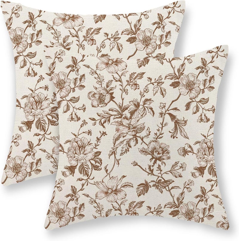JEFERSO أغطية وسائد بنية مقاس 24x24 مجموعة من 2، وسائد رمية زهور شينوازري بنية وكريمية، وسائد زهور ريفية عتيقة، أغطية وسائد خارجية، أغطية وسائد كتان للأريكة - Image 1