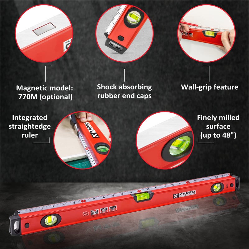 Kapro - 770 Exodus Professional Box Level - 48" - With 45Â° Vial & Ruler - For Leveling, Measuring, Marking, and Cutting - Features 3 Vials, Precise Straightedge, and Wall-Grip - Image 1