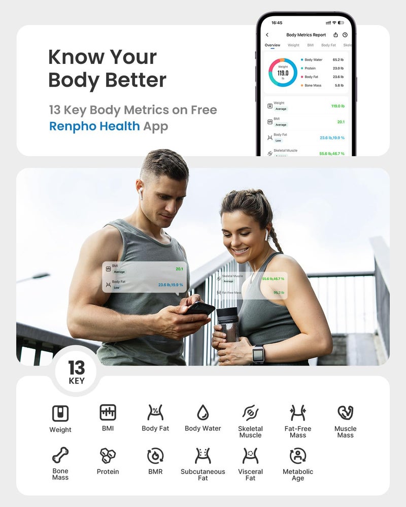 RENPHO Scale for Body Weight Smart Scale with BMI Body Fat Muscle Mass Bluetooth 13 Metrics with Large VA Display Support App Connection Black Elis 2X - Image 4