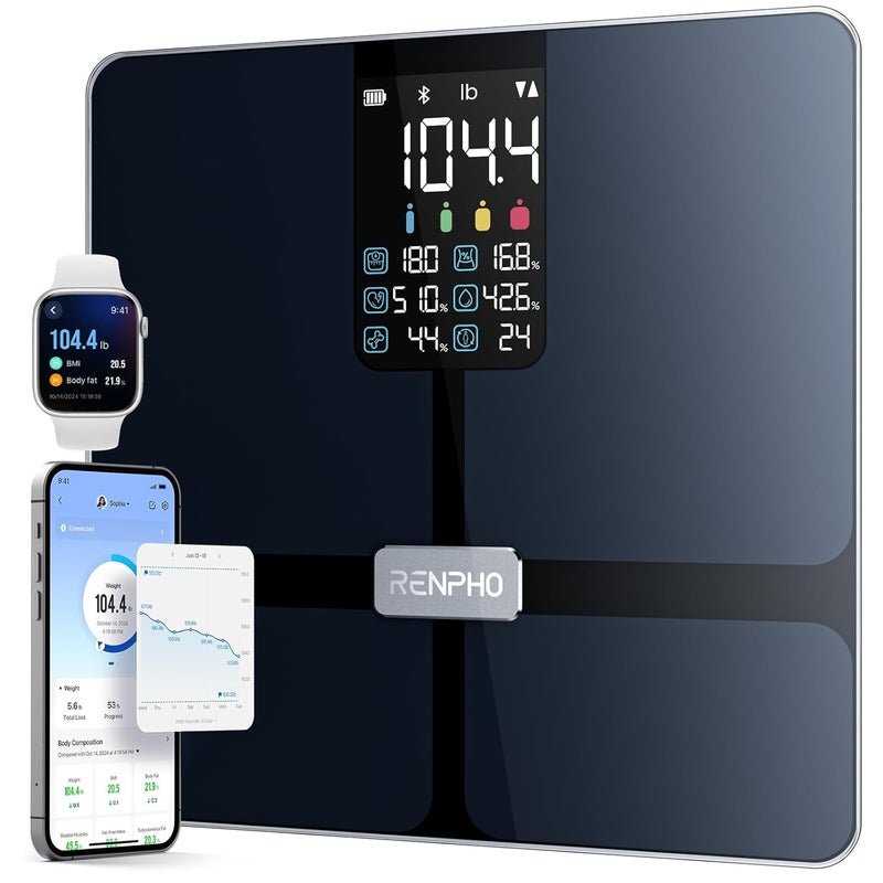 RENPHO Scale for Body Weight Smart Scale with BMI Body Fat Muscle Mass Bluetooth 13 Metrics with Large VA Display Support App Connection Black Elis 2X - Image 1