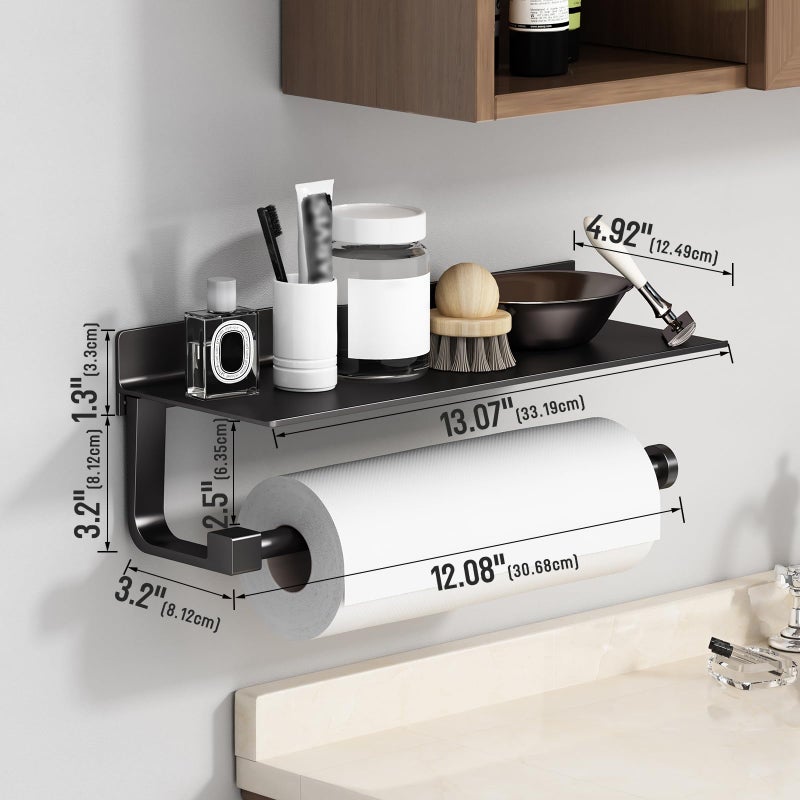 Danpoo Wall Mount Paper Towel Holder with Shelf for Bathroom/Kitchen, Adhesive Hand Towel Holder, Matte Black - Image 2