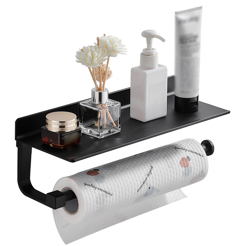 Danpoo Wall Mount Paper Towel Holder with Shelf for Bathroom/Kitchen, Adhesive Hand Towel Holder, Matte Black - Image 1