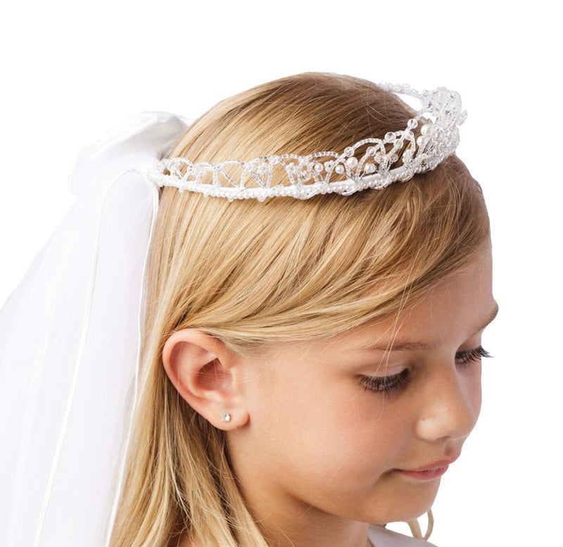 Girls White Pearl Rhinestone Center Floral Crown First Communion Flower Girl Head Wreath with Veil 705