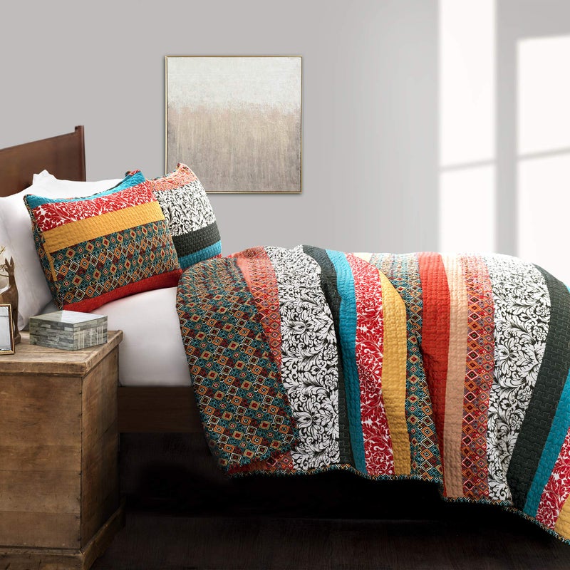 Lush Decor Boho Stripe Reversible Cotton Quilt 3-Piece Set, Full/ Queen, Turquoise & Tangerine - Bold Colorful Bohemian Bedding Set - Image 3
