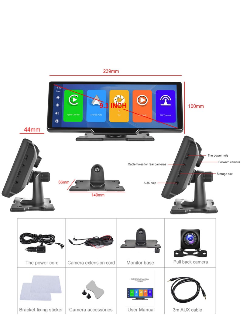 9.26" Wireless Car Stereo with Apple CarPlay, Dash Cam, and 1080P Backup Camera. Portable Touchscreen GPS, Bluetooth, AirPlay, AUX/FM, Google, and Siri Integration for Your Vehicle.