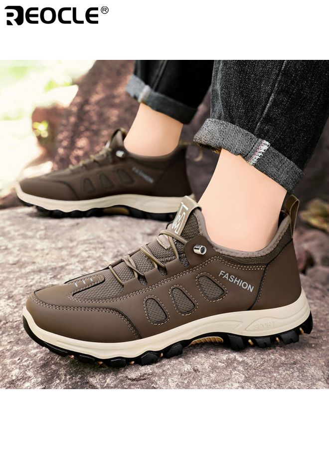 REOCLE Men's Hiking Shoes with Leather Mesh Design and Lightweight Construction Trail Walking Sneakers with Outdoor Grip for Mountain Terrain - Image 2