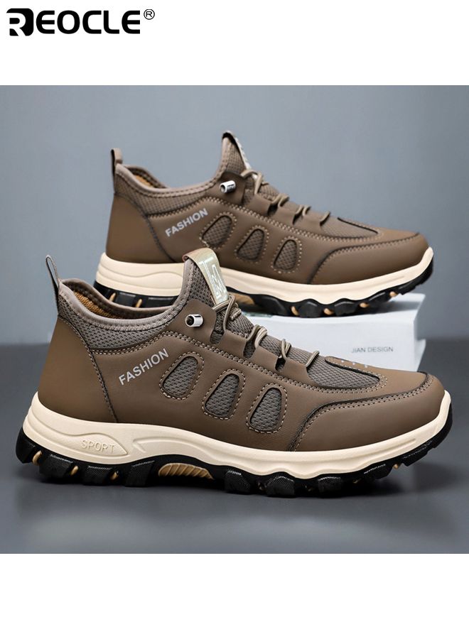 REOCLE Men's Hiking Shoes with Leather Mesh Design and Lightweight Construction Trail Walking Sneakers with Outdoor Grip for Mountain Terrain - Image 1