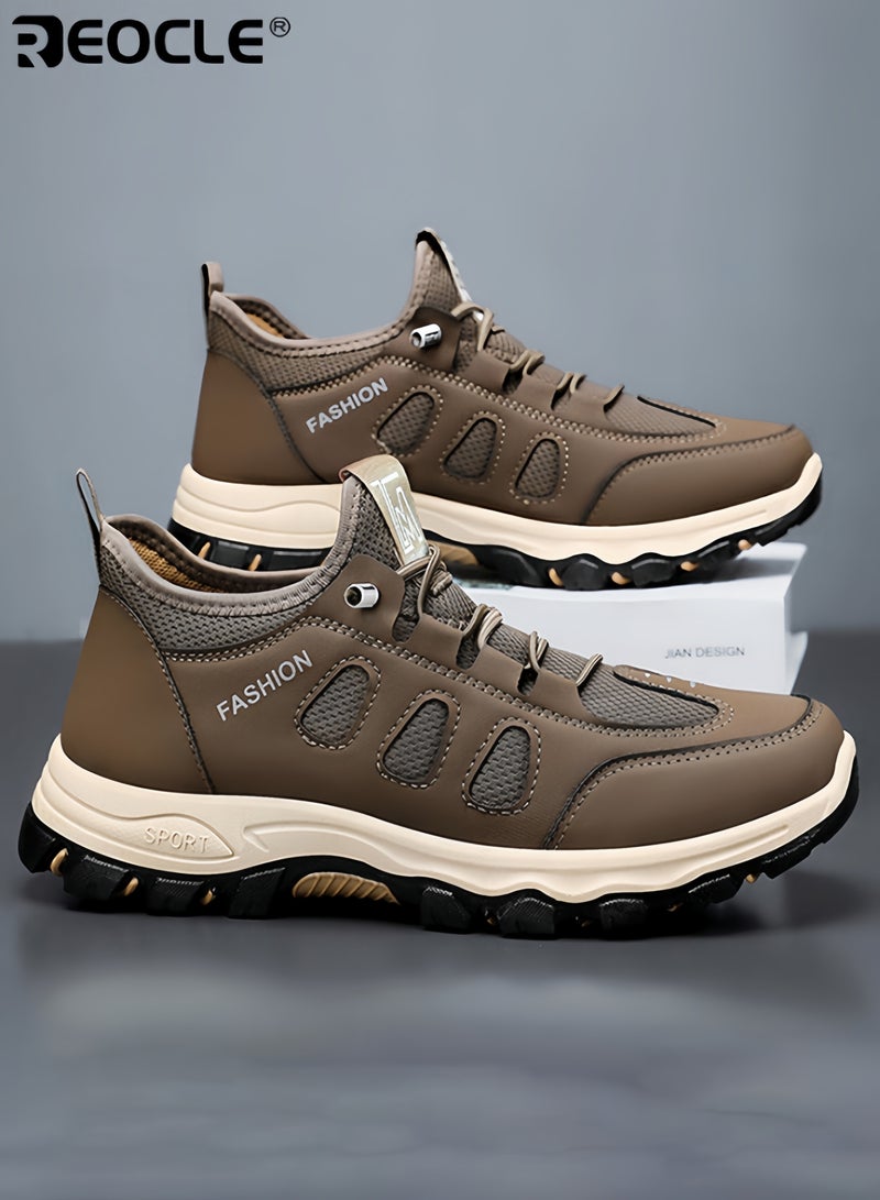 REOCLE Men's Hiking Shoes with Leather Mesh Design and Lightweight Construction Trail Walking Sneakers with Outdoor Grip for Mountain Terrain - Image 1