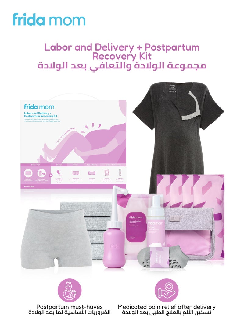 Frida Mom Labor & Delivery + Postpartum Recovery Kit – Gown, Peri Bottle, Ice Maxi Pads, Cooling Liners & Healing Foam – Complete Hospital Bag Essentials for New Moms - Image 1
