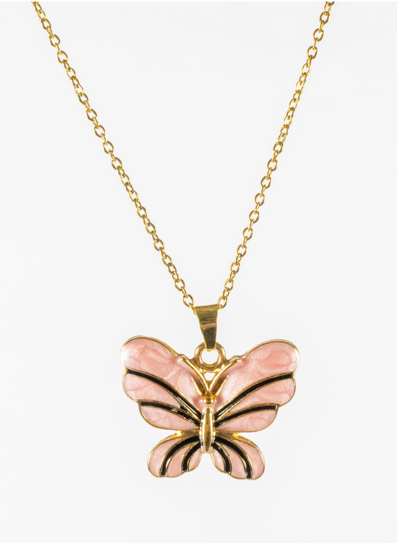 The Black Pearl Accessories - Stainless Steel Neckalce Gold with a Pink Butterfly Pendant - Image 1
