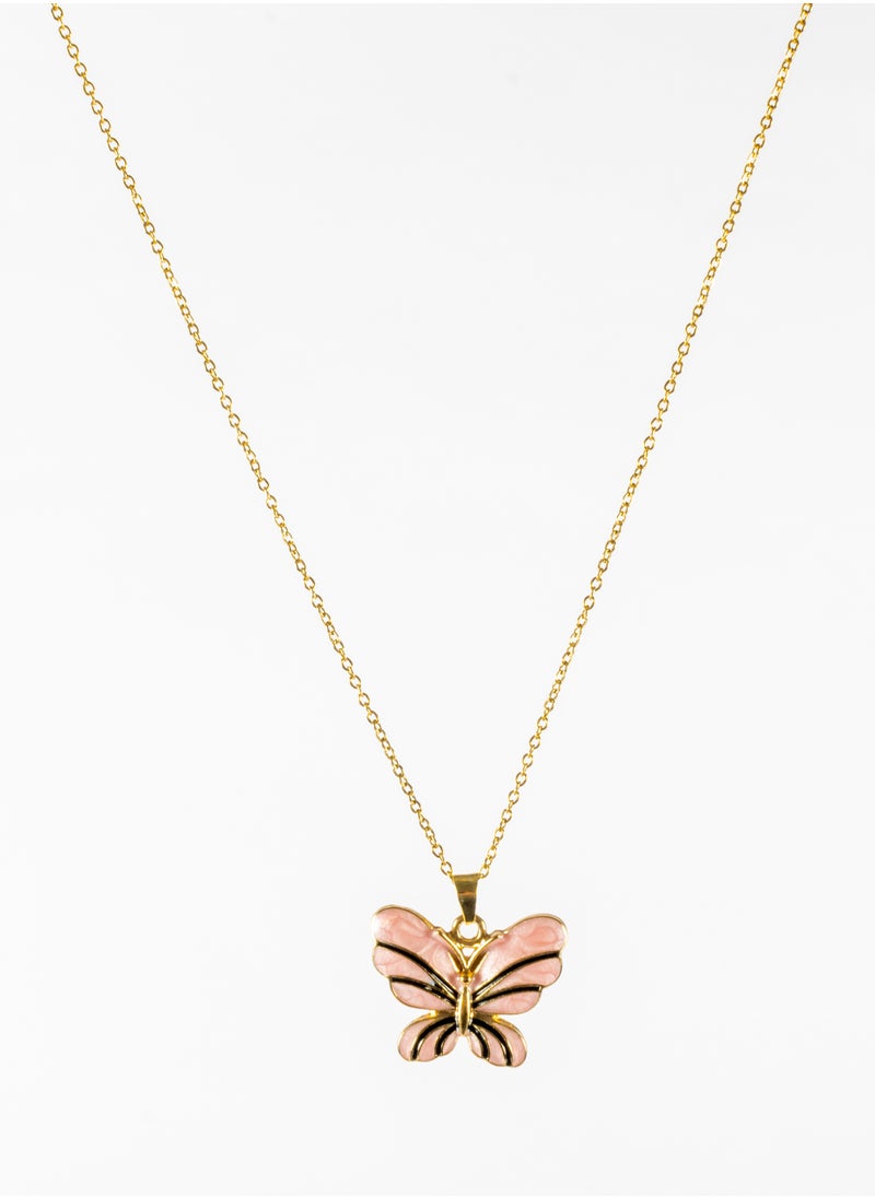 The Black Pearl Accessories - Stainless Steel Neckalce Gold with a Pink Butterfly Pendant - Image 1