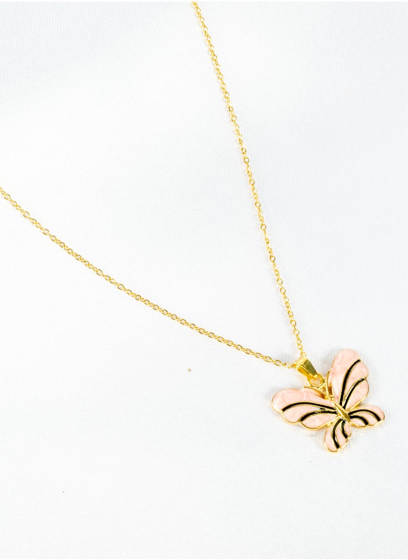 The Black Pearl Accessories - Stainless Steel Neckalce Gold with a Pink Butterfly Pendant - Image 1
