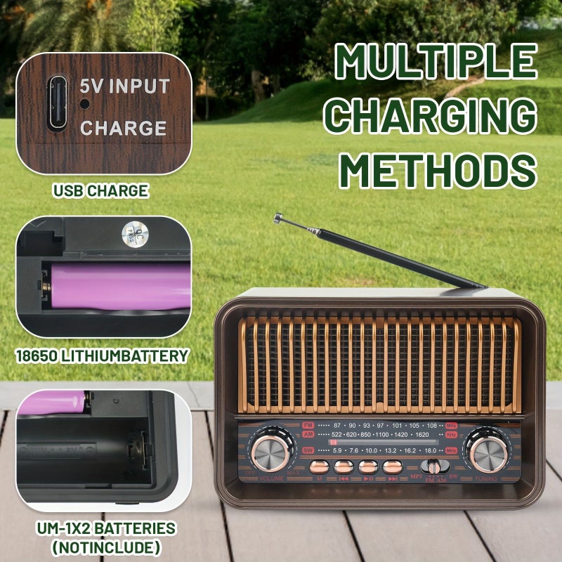 Vintage Portable AM FM Radio With LED Flashlight TF Card USB Drive AUX Support Golden - Image 4