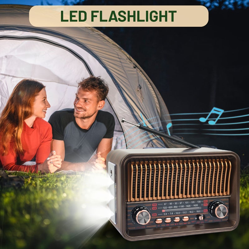 Vintage Portable AM FM Radio With LED Flashlight TF Card USB Drive AUX Support Golden - Image 5