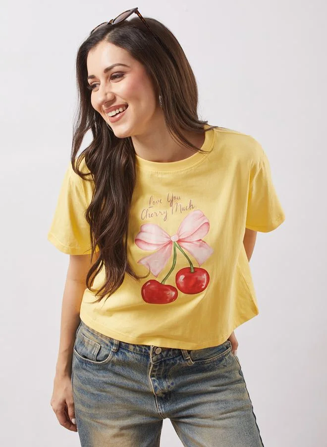 globus Yellow Graphic Print Oversized Crop T-Shirt