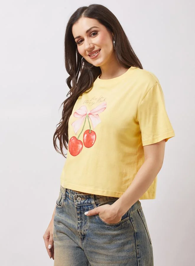 globus Yellow Graphic Print Oversized Crop T-Shirt