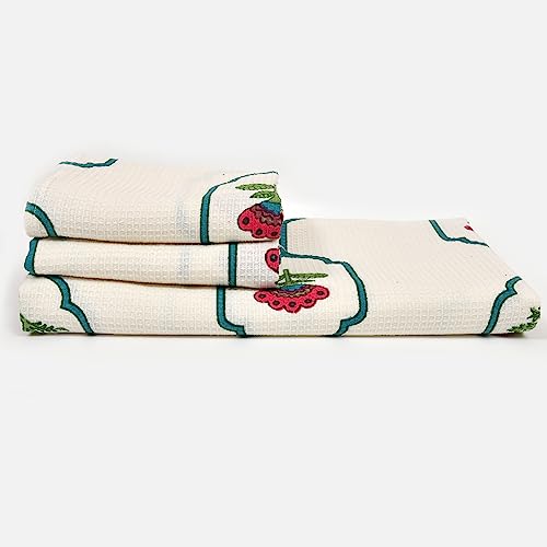 EasyGoods® Waffle Towels Beautiful Pure Cotton Hand Block Printed Soft Water Absorbent Towels - Pack of 3 (1 Bath, 2 Hand) Floral Printed 100% Cotton Towels for Bath, Face (Sea Green) - Image 3
