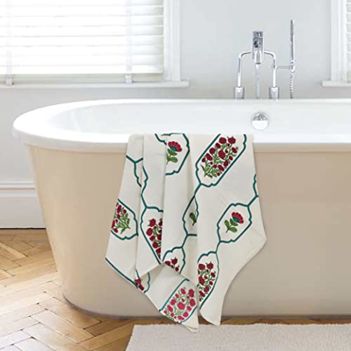 EasyGoods® Waffle Towels Beautiful Pure Cotton Hand Block Printed Soft Water Absorbent Towels - Pack of 3 (1 Bath, 2 Hand) Floral Printed 100% Cotton Towels for Bath, Face (Sea Green) - Image 2