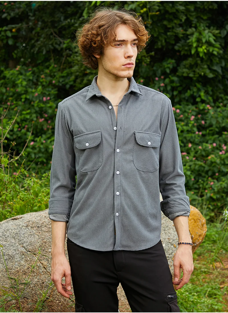 Campus Sutra Men's Coin Grey Micro-Tactile Utility Shirt