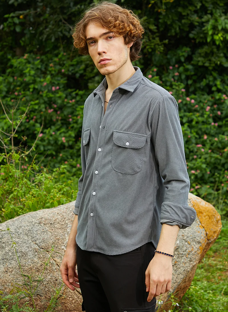 Campus Sutra Men's Coin Grey Micro-Tactile Utility Shirt